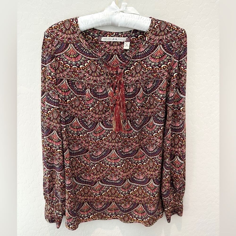 CHELSEA & VIOLET Boho Peasant Blouse Multicolor Paisley Print Tassel Top | Small